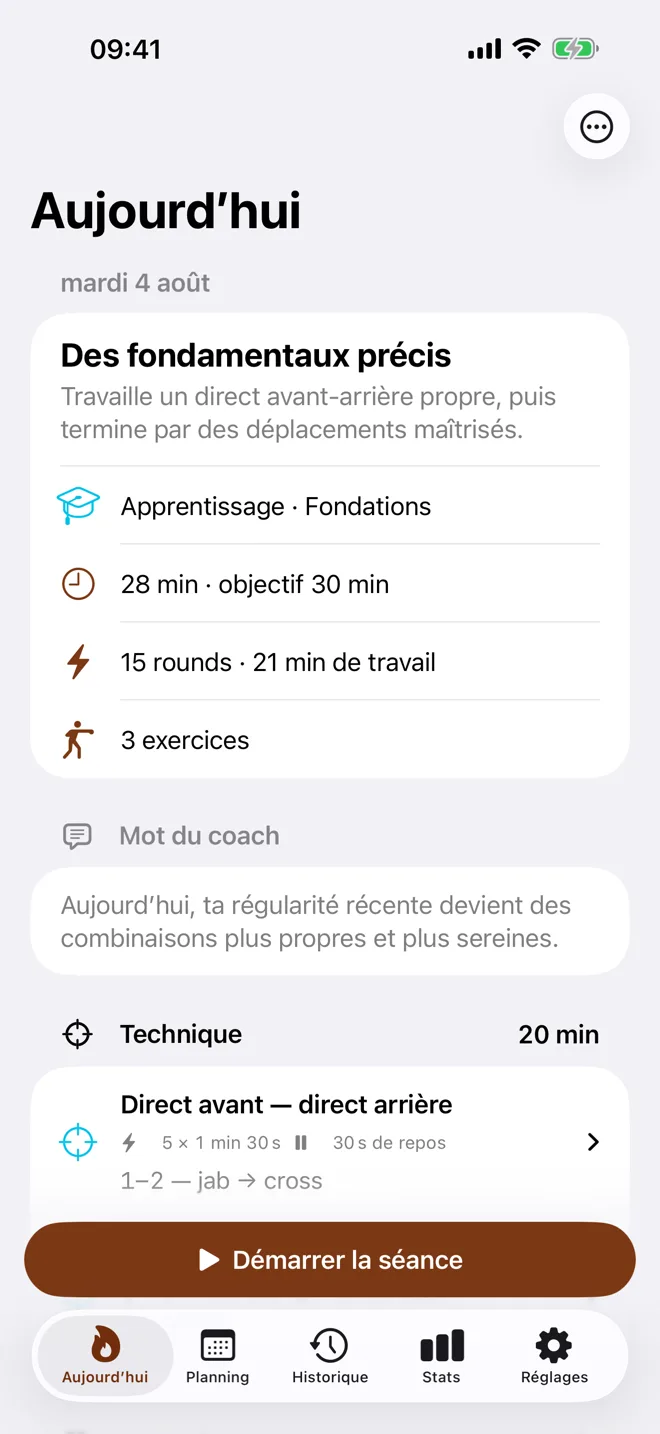L’écran Aujourd’hui de Kamae : le titre de la séance du jour, ses chiffres, et le mot du coach.